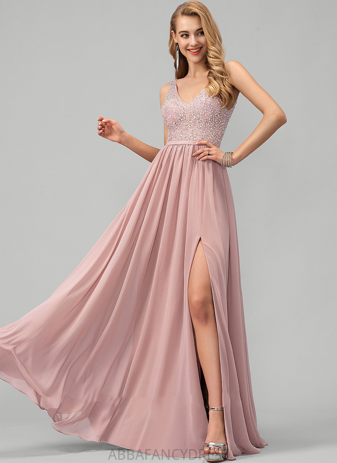 Front A-Line Beading With Floor-Length Prom Dresses Chiffon Split V-neck Jaylene Sequins