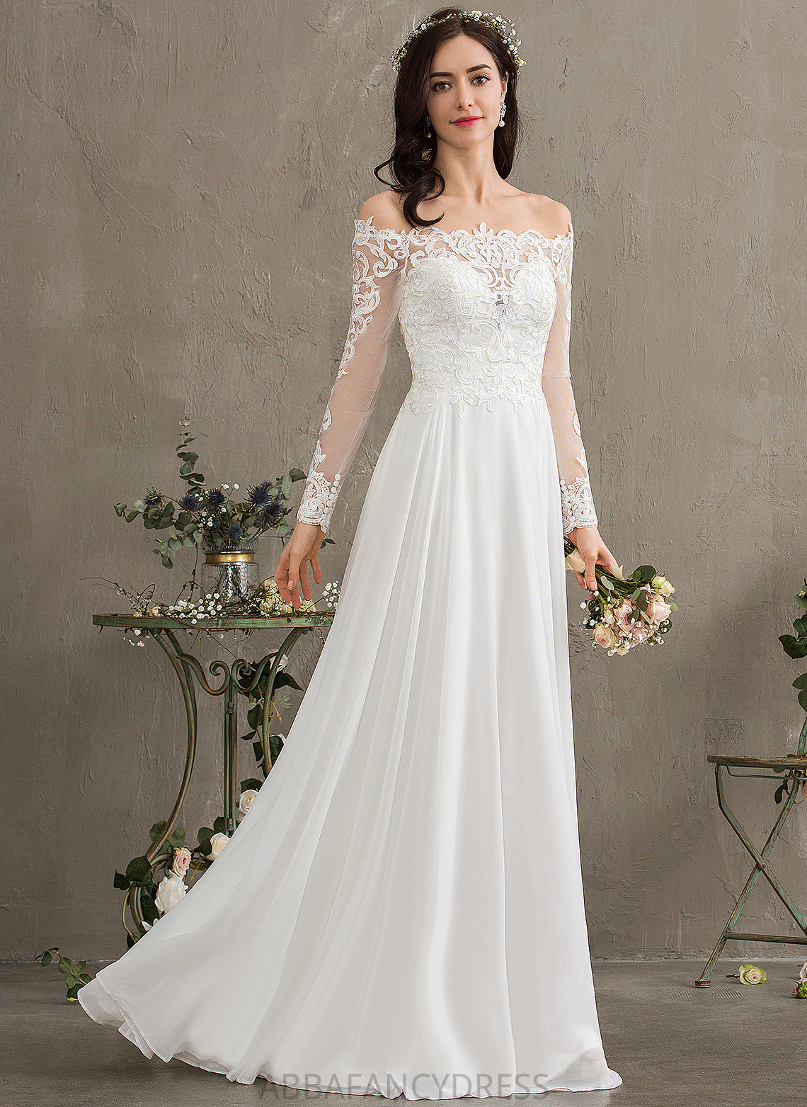 Chiffon Lace Lace Dress Wedding Dresses A-Line Wedding Off-the-Shoulder Guadalupe Floor-Length With