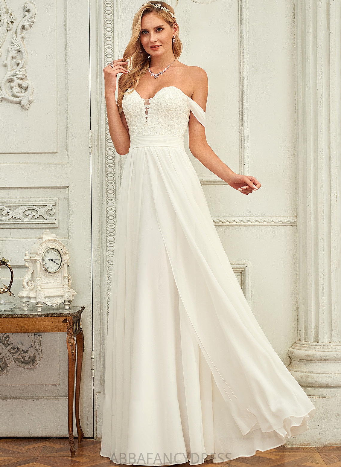 Chiffon Wedding Wedding Dresses Off-the-Shoulder Dress A-Line Floor-Length Lace Tiana