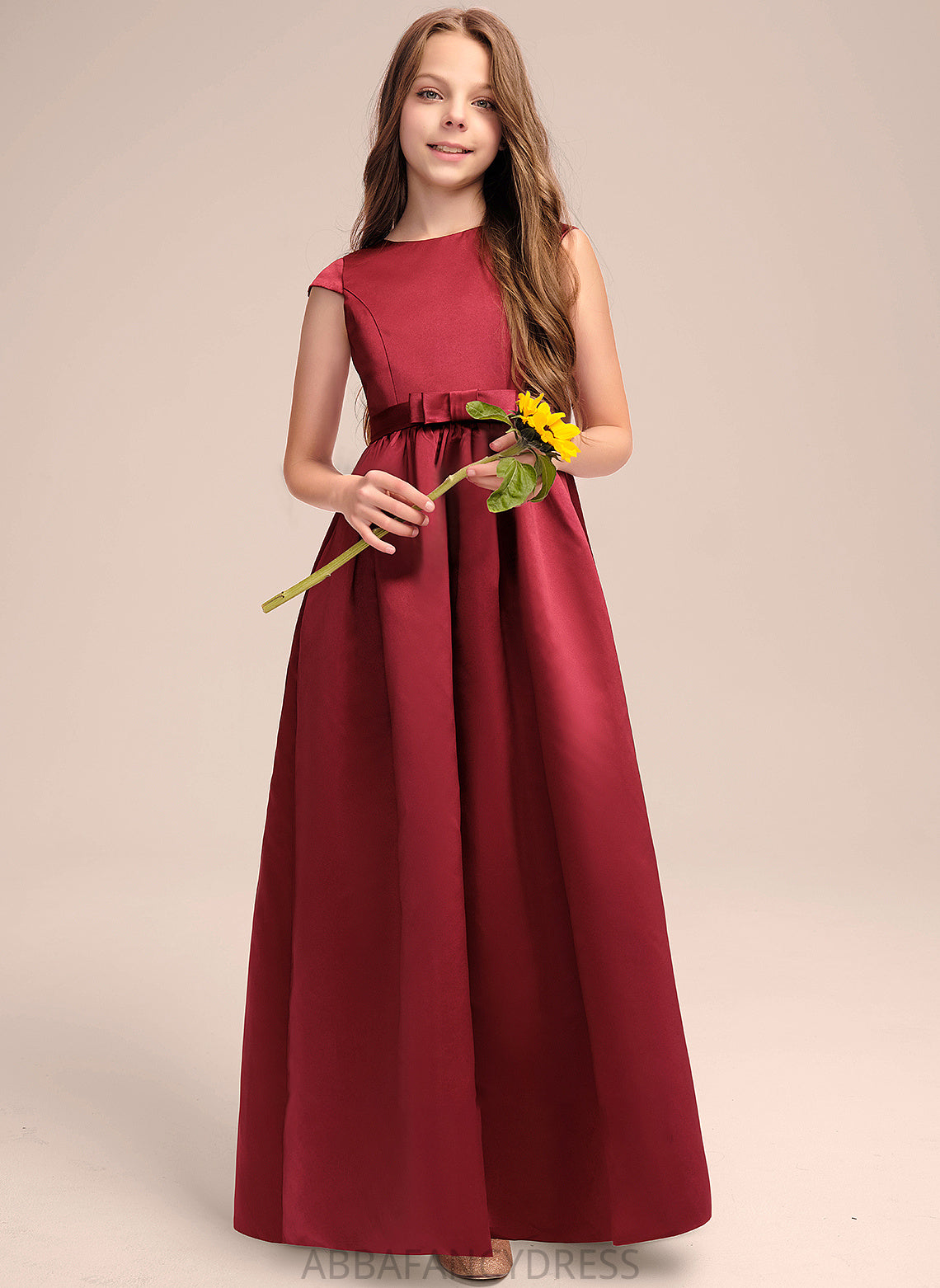 Pockets With A-Line Satin Junior Bridesmaid Dresses Scoop Floor-Length Cierra Bow(s) Neck