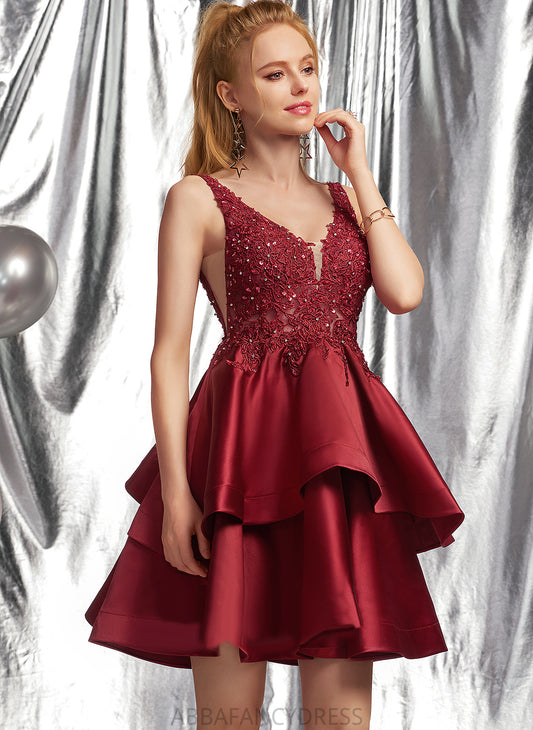 V-neck Homecoming Dresses Beading Lace With Satin A-Line Sibyl Dress Homecoming Sequins Short/Mini