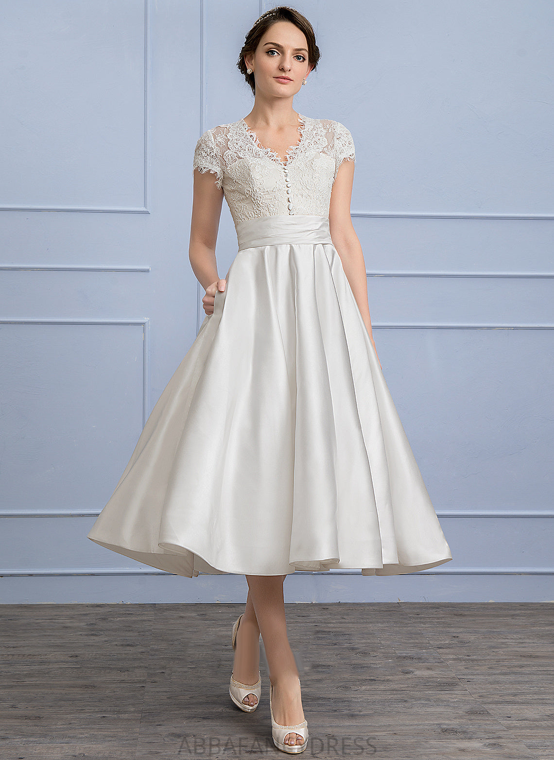 Ruffle Dress Tea-Length Lace With Emelia Wedding Dresses Wedding A-Line V-neck Satin