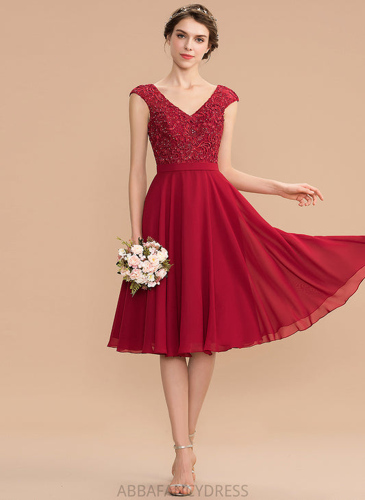 A-Line With Knee-Length Homecoming Dress Lace Homecoming Dresses V-neck Ruby Beading Chiffon