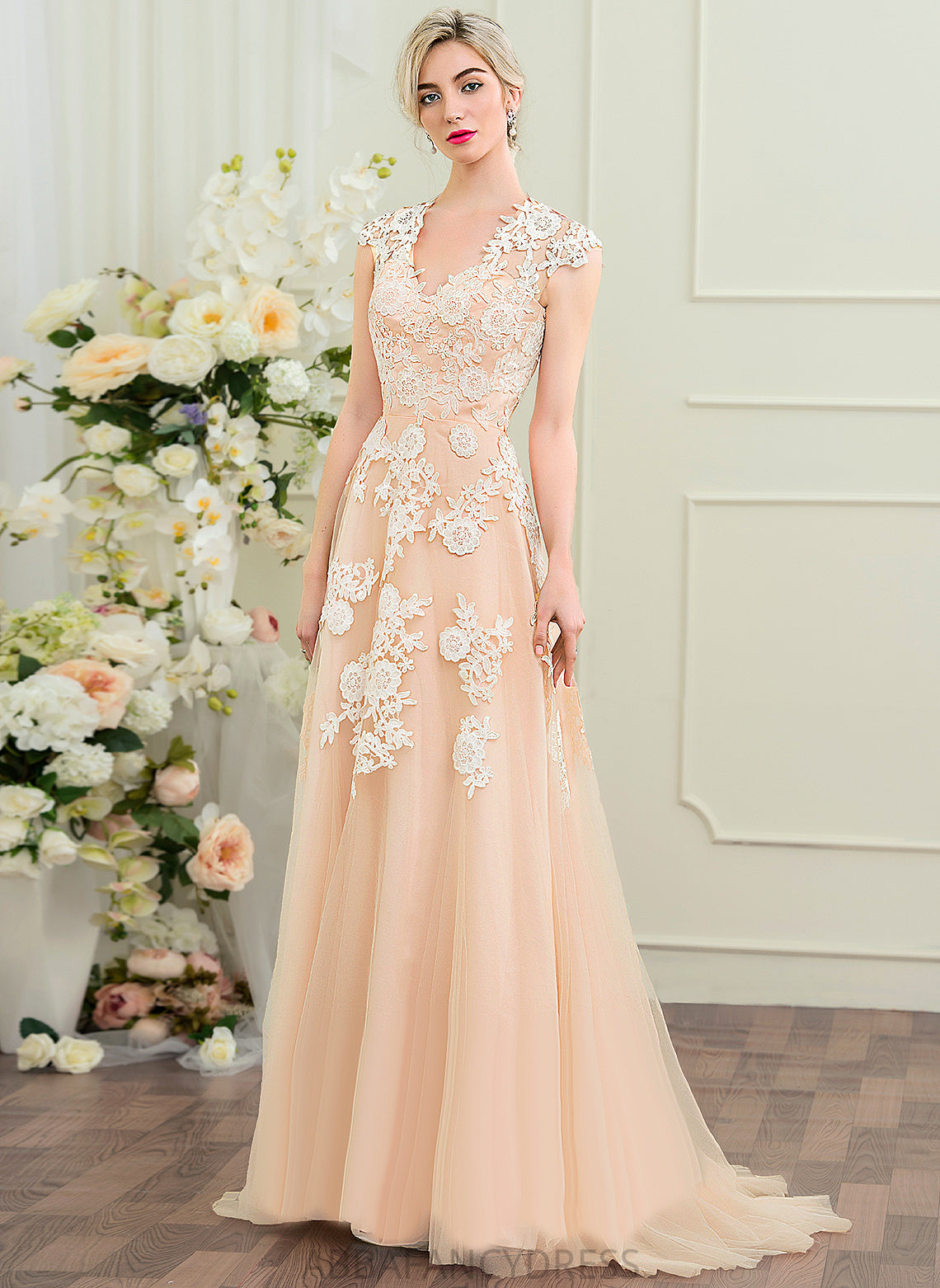 Train Dress Belen Lace Wedding Sweep Tulle Wedding Dresses A-Line V-neck