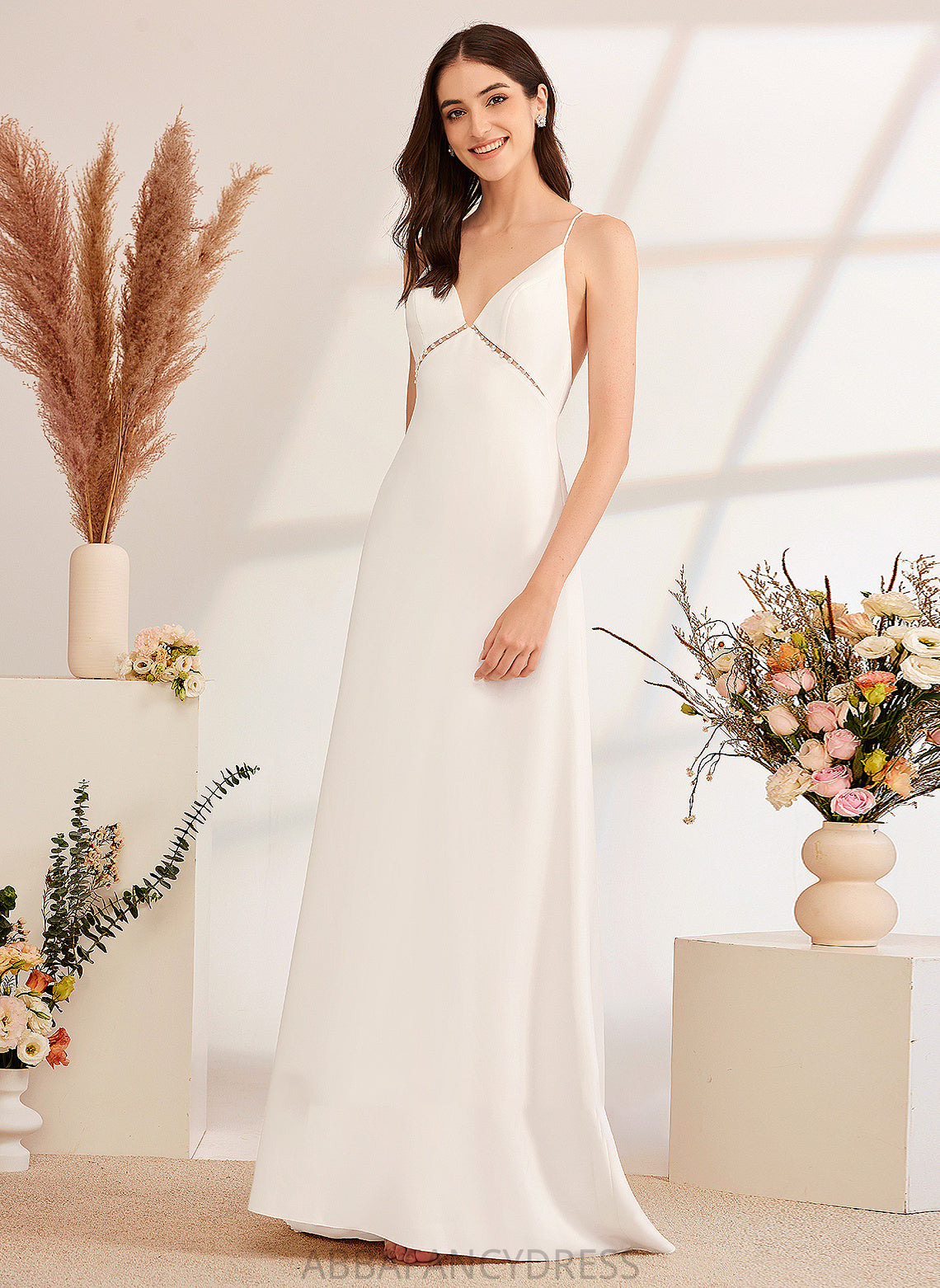 A-Line V-neck Deborah Wedding Dresses Sweep Beading With Split Dress Front Train Wedding