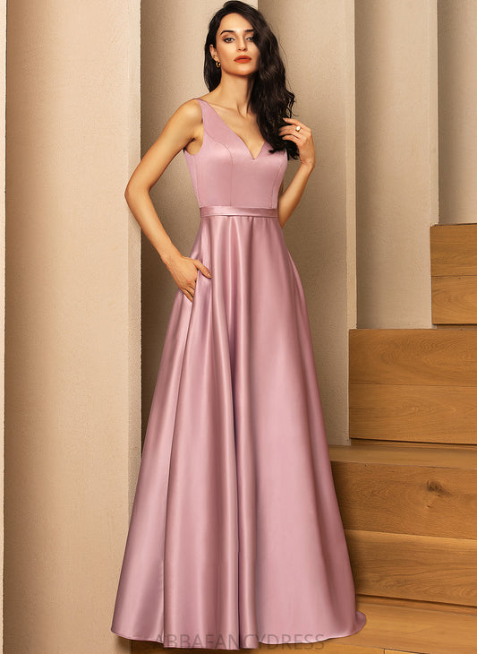 Izabella Prom Dresses V-neck Ball-Gown/Princess Pockets Satin With Floor-Length