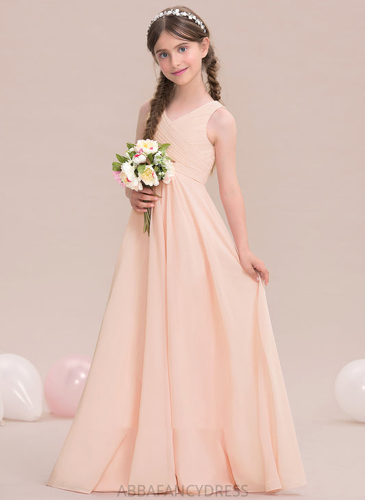 With Ruffle Junior Bridesmaid Dresses Ashlynn Floor-Length Chiffon V-neck A-Line