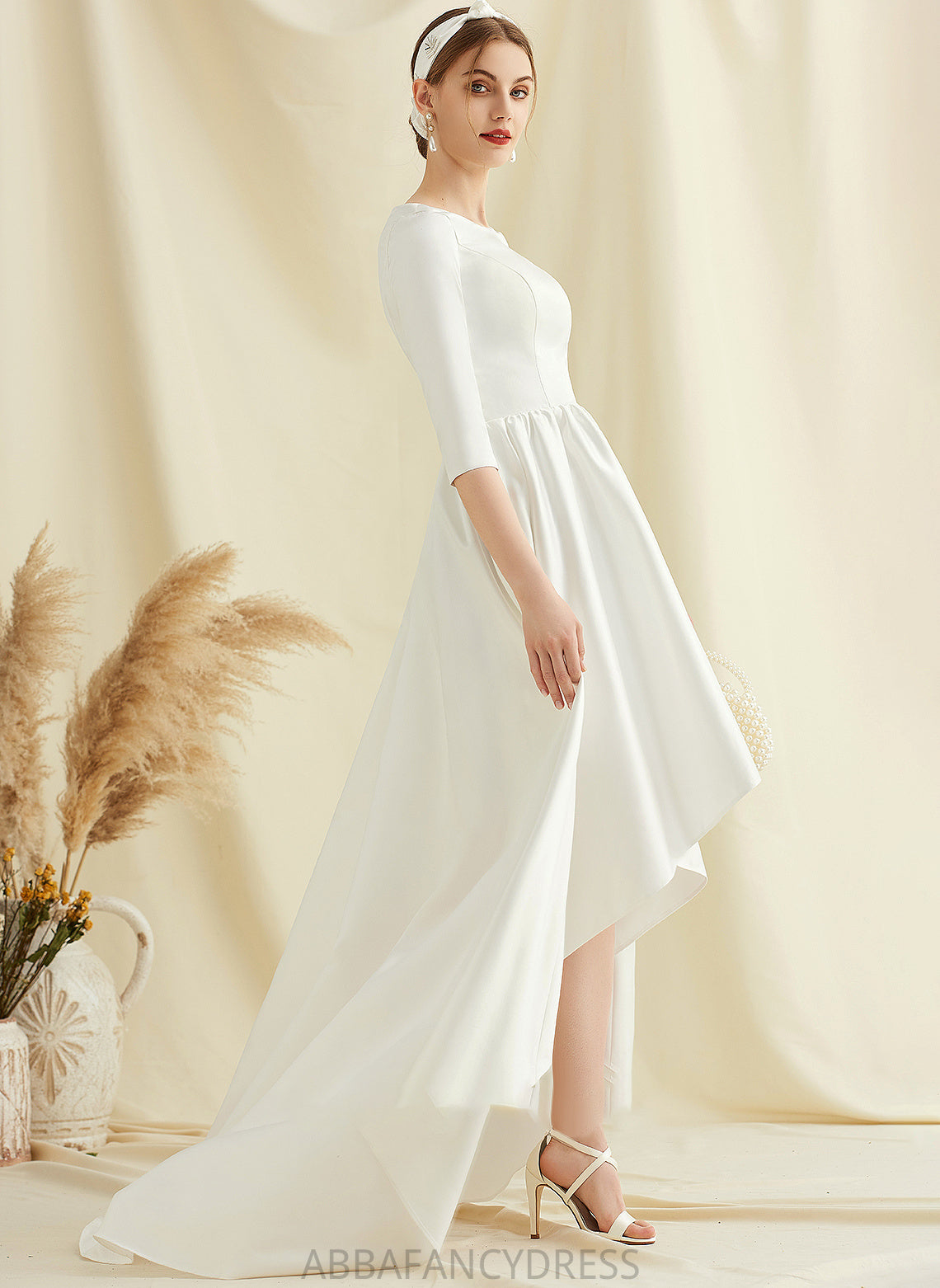 A-Line Pockets With Dress Wedding Asymmetrical Wedding Dresses Scoop Satin Neck Elvira