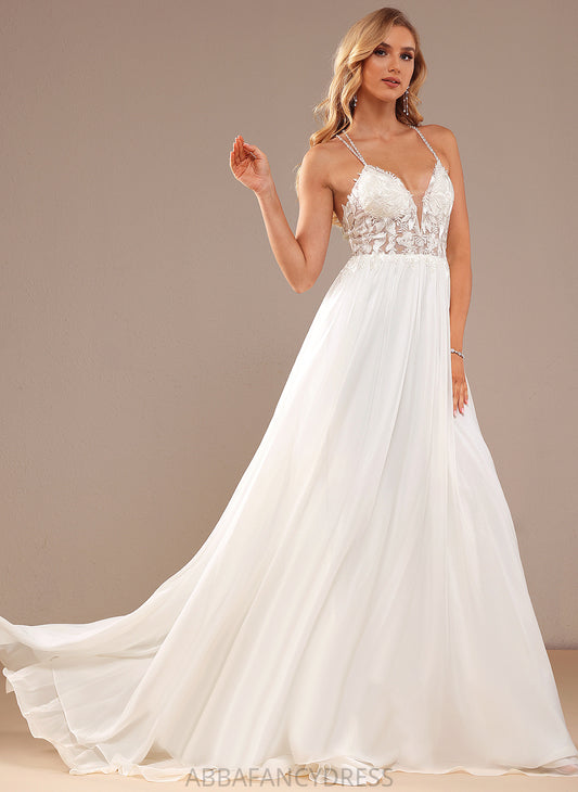 Wedding Dresses A-Line Train Liana Sequins Chiffon With Beading V-neck Sweep Lace Wedding Dress