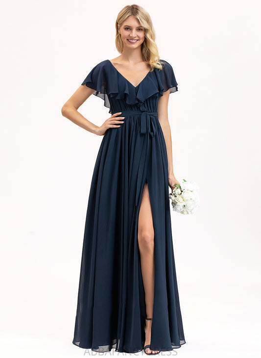 Split Ruffles A-Line Chiffon With Cascading Bow(s) V-neck Prom Dresses Floor-Length Front Lilly