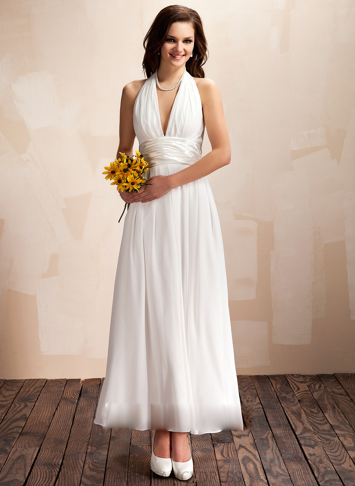 Chiffon A-Line Halter Wedding Dresses Wedding Dress Ankle-Length Meredith Ruffle With Bow(s)