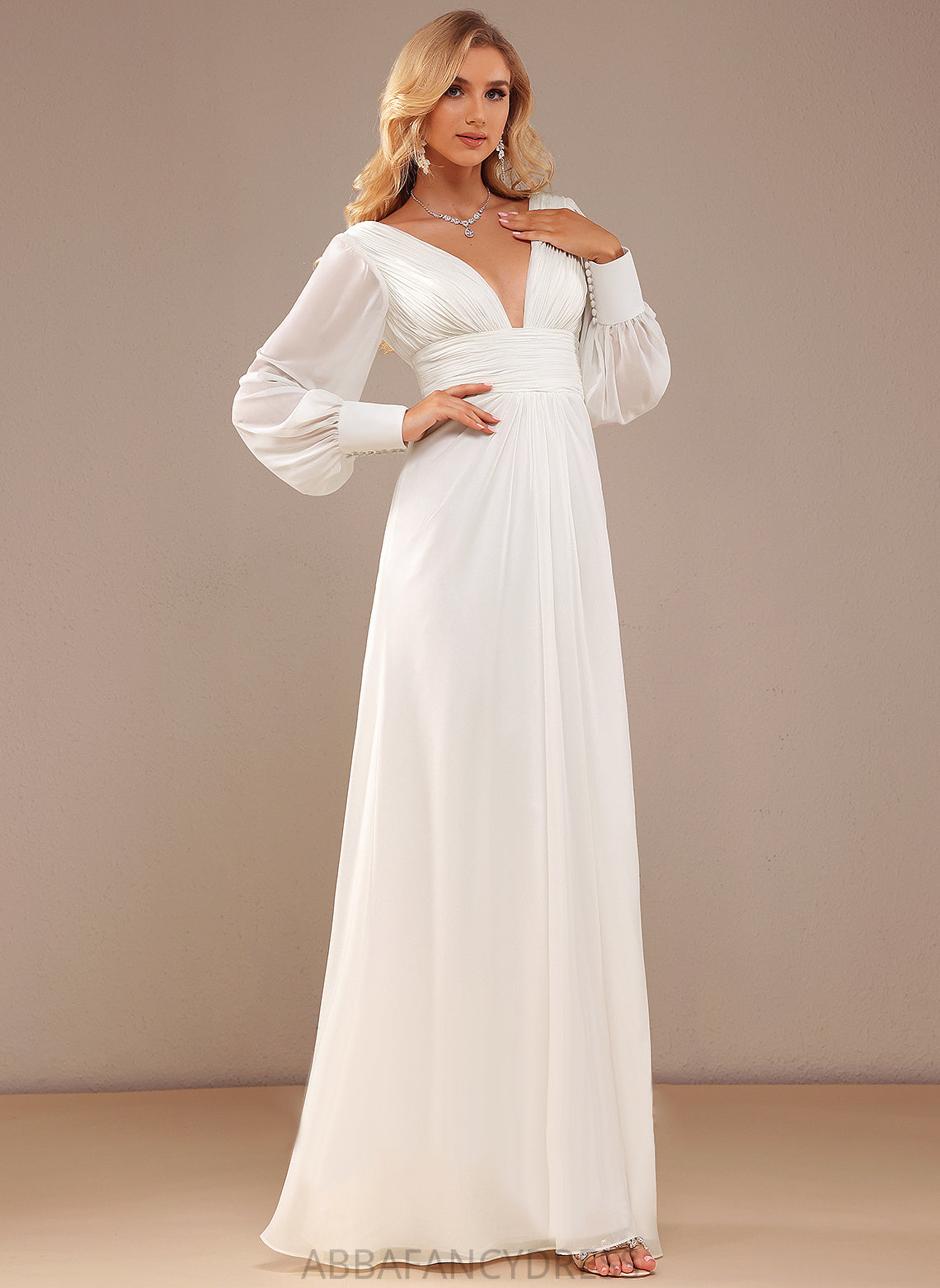 With A-Line Ruffle Wedding Wedding Dresses Chiffon V-neck Dress Floor-Length Jaylyn