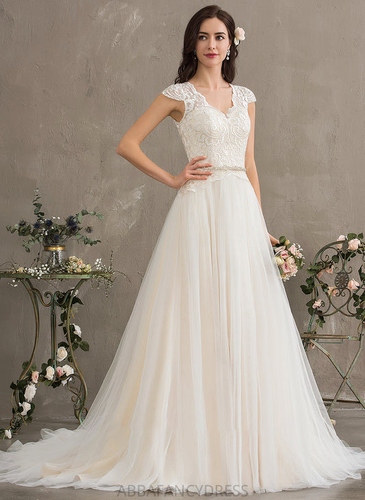 Ball-Gown/Princess V-neck Wedding Beading Wedding Dresses Court Sequins With Tulle Dress Delaney Train