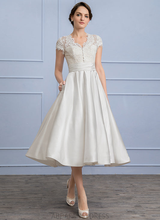 Dress With Satin A-Line Wedding Dresses Wedding V-neck Laylah Tea-Length Pockets Ruffle