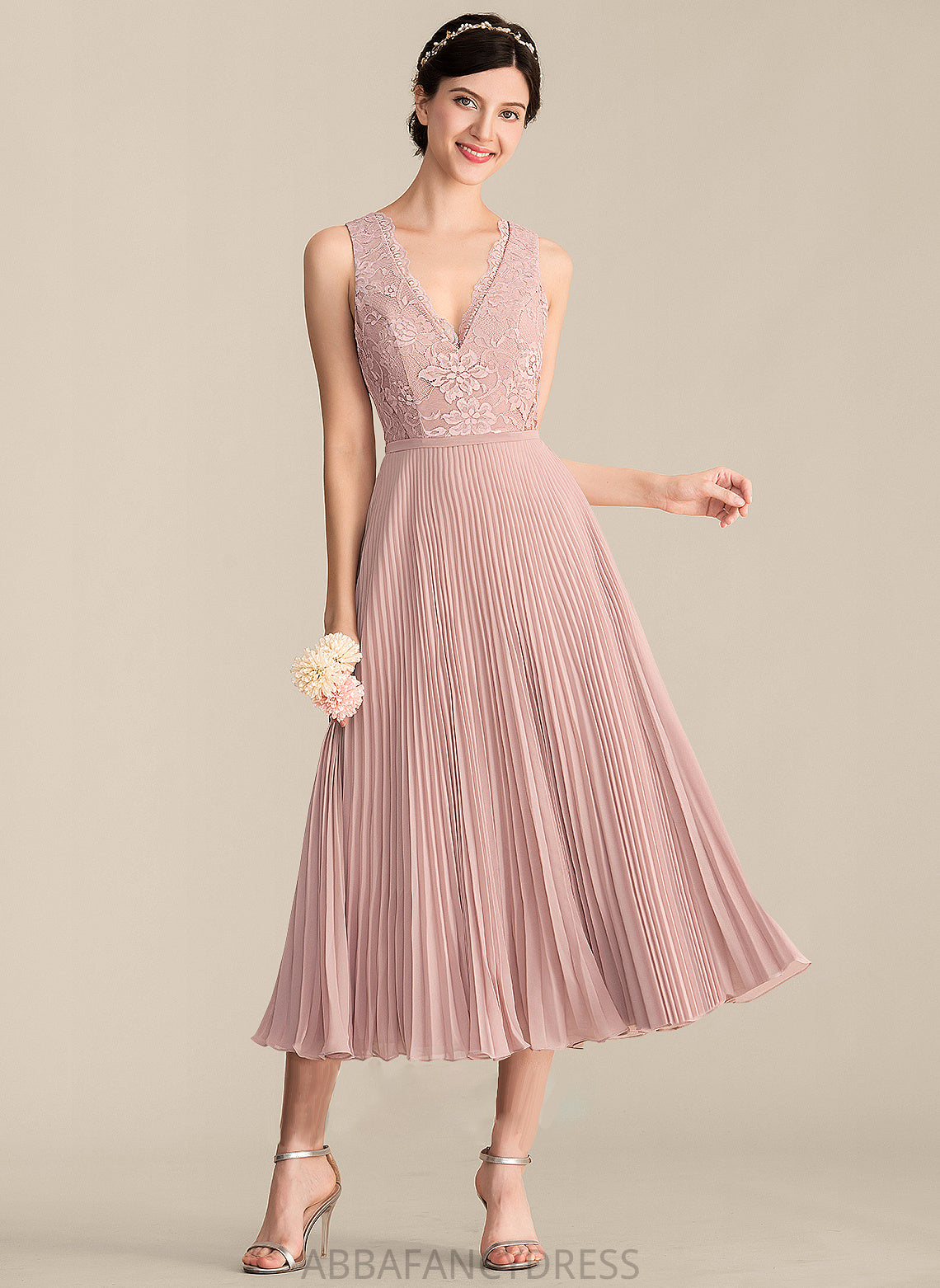 A-Line Tea-Length Silhouette Length Neckline Fabric Pleated Embellishment V-neck Kristina Sleeveless Scoop