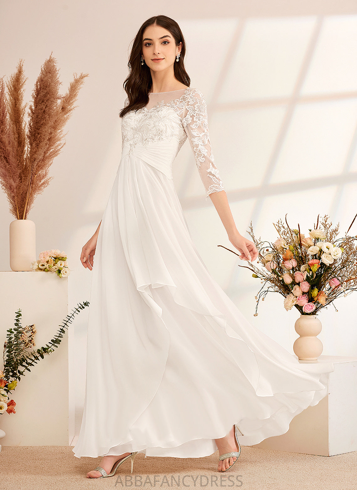 With Lace Wedding Illusion Wedding Dresses A-Line Floor-Length Nita Chiffon Ruffle Dress Beading