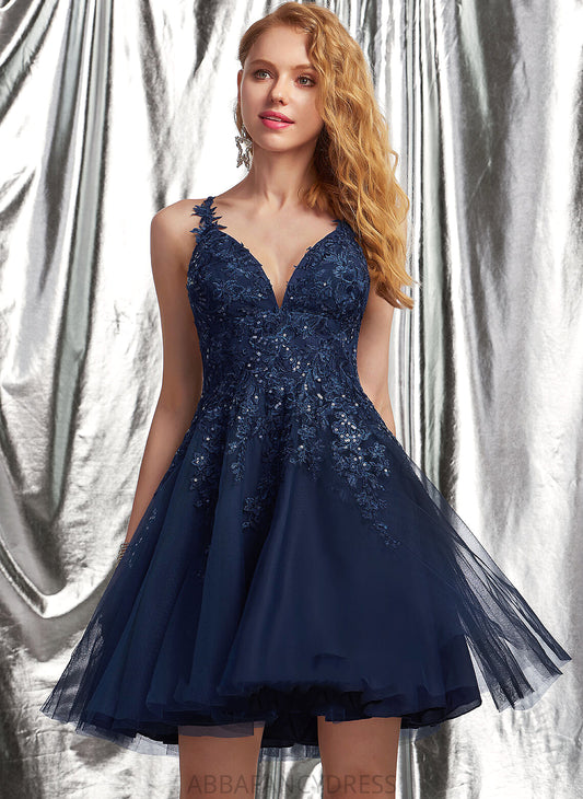 V-neck Sequins With A-Line Tulle Homecoming Dress Homecoming Dresses Short/Mini Lace Aiyana