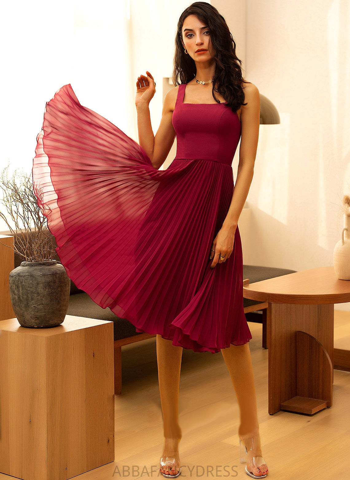 Pleated Neckline Chiffon Knee-Length Cheyenne Dress Square Homecoming With Homecoming Dresses A-Line