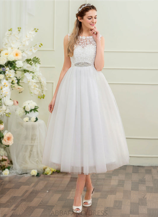 Dress Viv Wedding Dresses Sequins Tea-Length Scoop Ball-Gown/Princess Tulle Neck Lace With Beading Wedding Satin