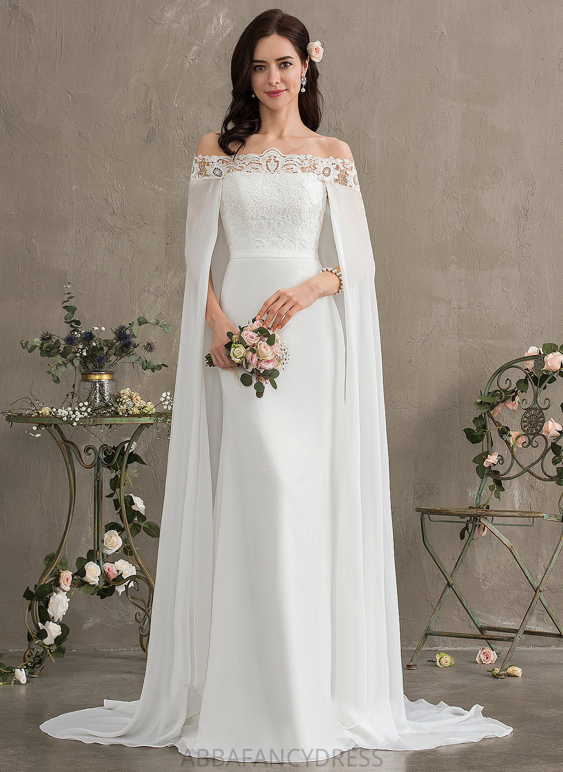 Sheath/Column Lace Train Wedding Willow Off-the-Shoulder Dress Wedding Dresses Lace With Court Chiffon