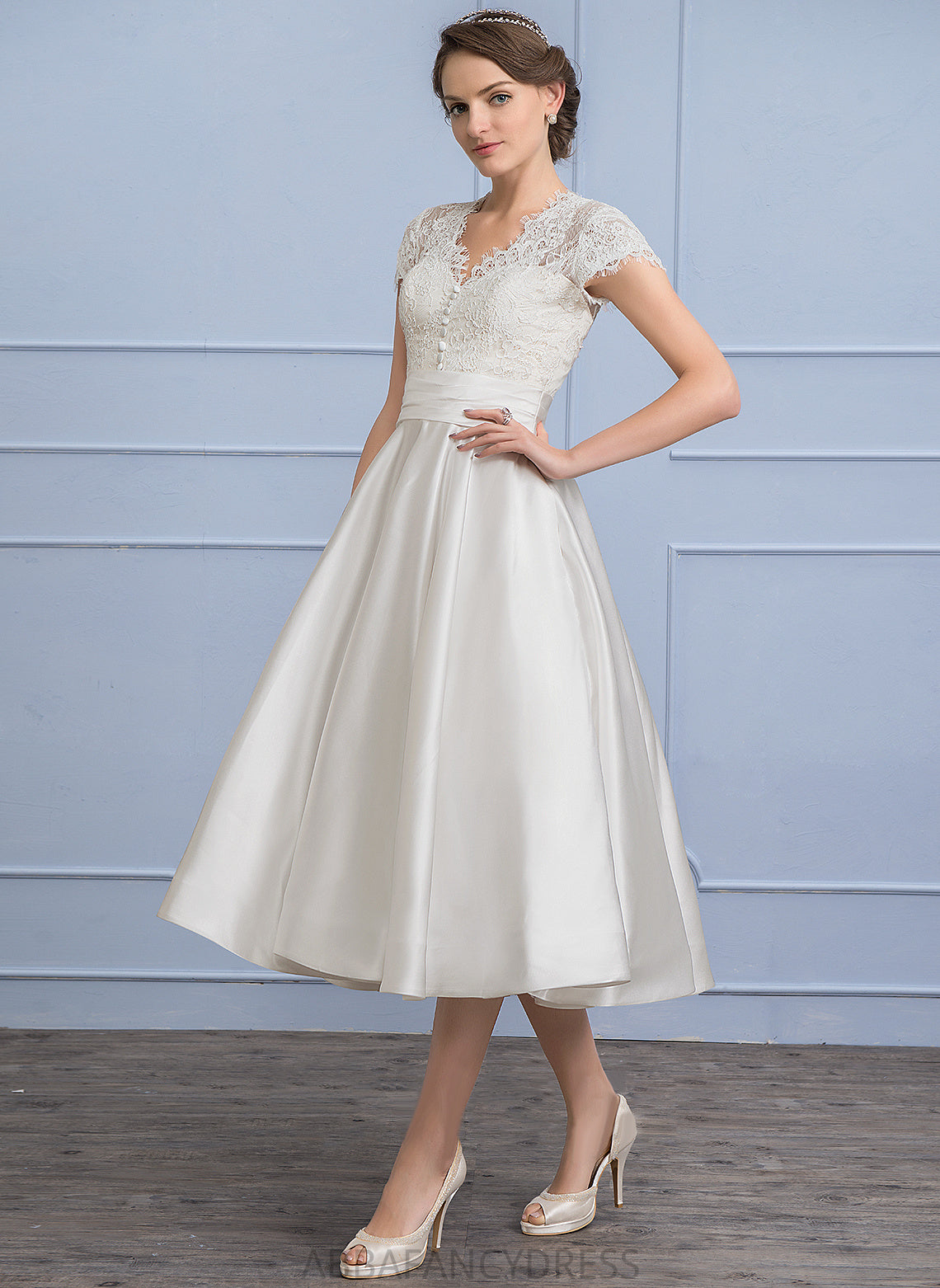 Ruffle Dress Tea-Length Lace With Emelia Wedding Dresses Wedding A-Line V-neck Satin