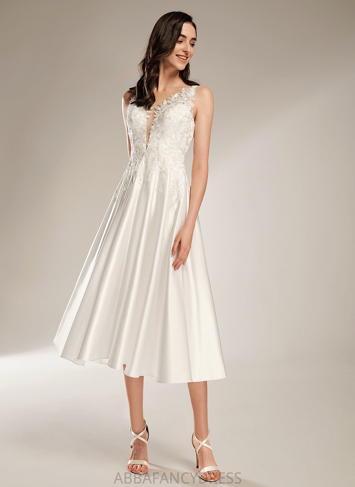 Pockets A-Line With Dress Prudence Lace V-neck Wedding Dresses Tea-Length Satin Wedding