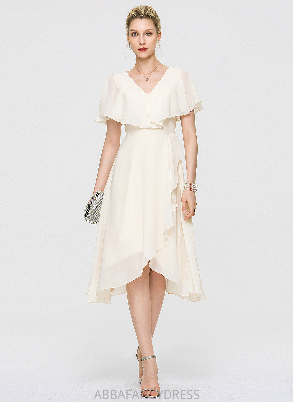 Cascading Wedding A-Line Bow(s) Chiffon Wedding Dresses V-neck Cassidy Dress With Asymmetrical Ruffles