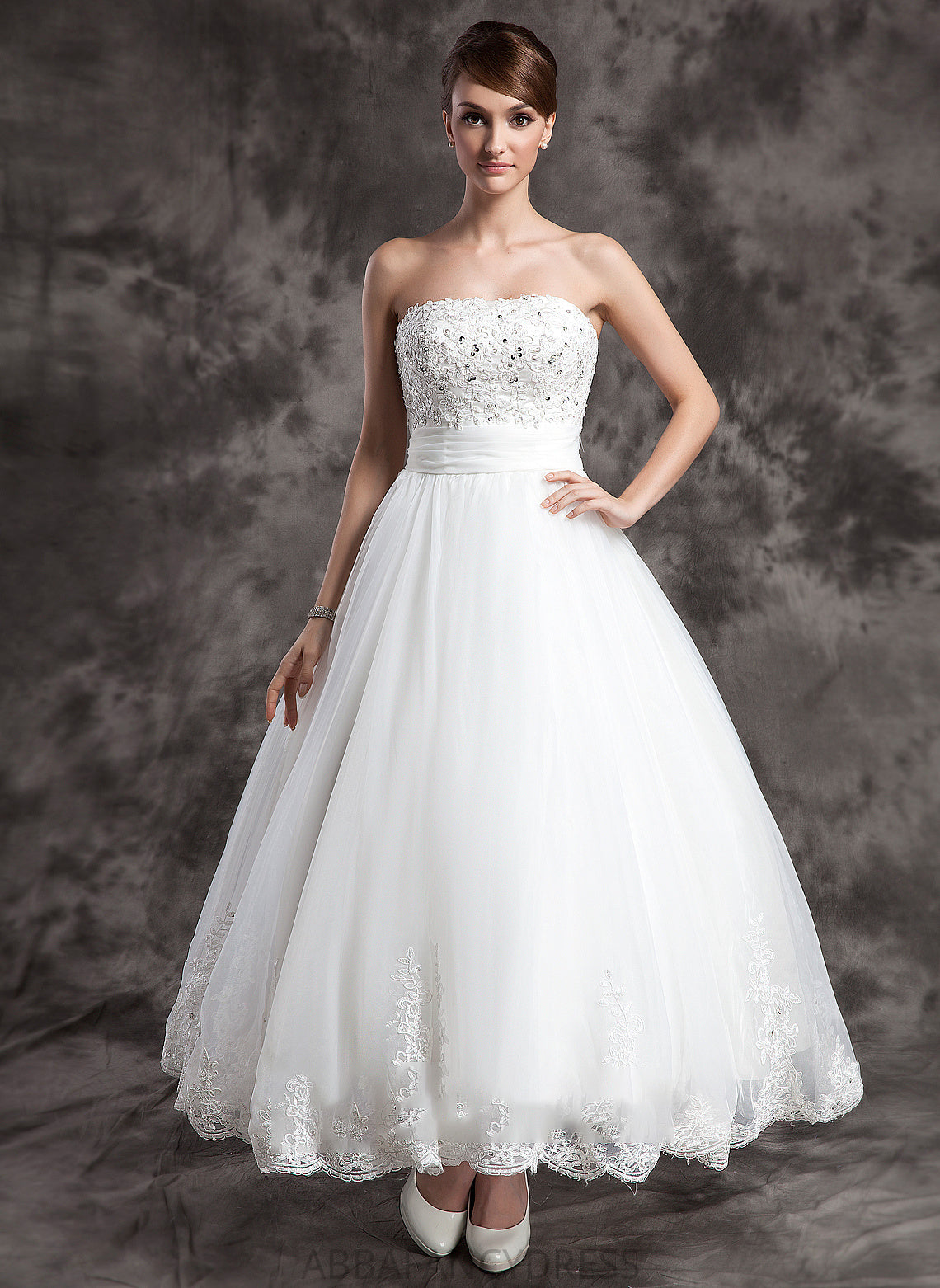 Wedding Beading With Ball-Gown/Princess Strapless Dress Larissa Ankle-Length Wedding Dresses Satin Organza Lace