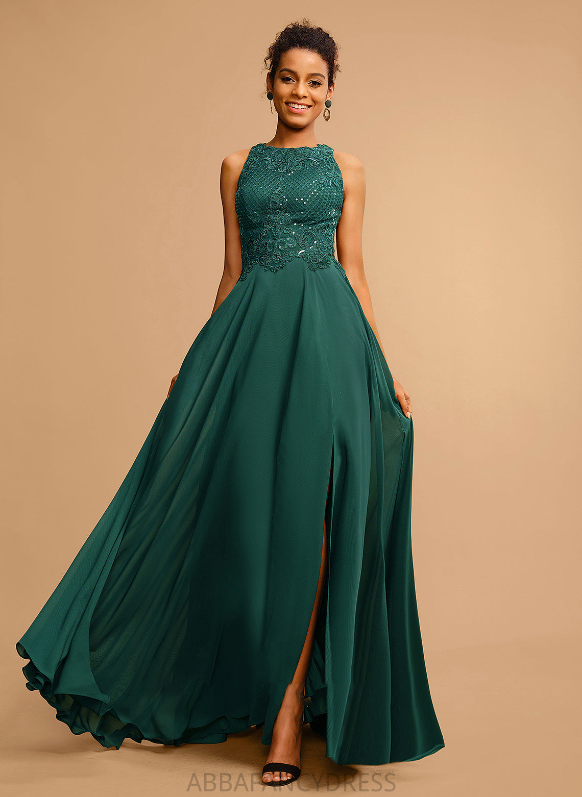 Scoop Lace Prom Dresses Sequins Chiffon Front Split Floor-Length Neck With Annalise A-Line