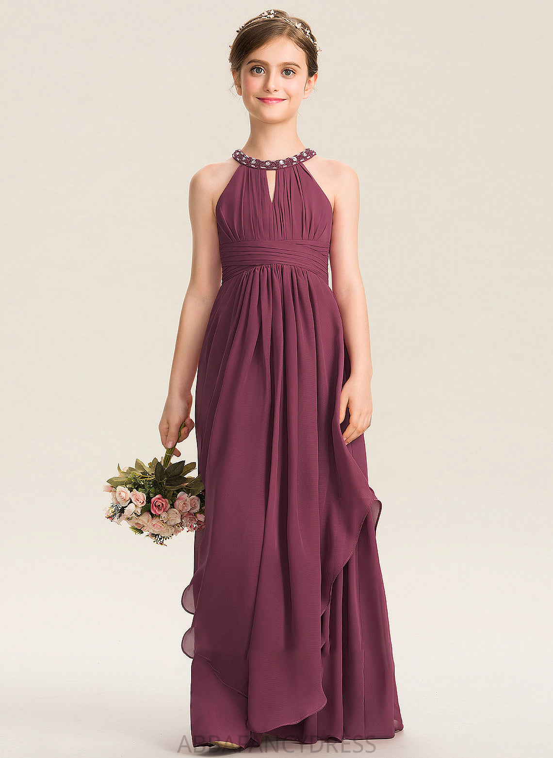 Floor-Length Junior Bridesmaid Dresses With Chiffon Neck Destiney Ruffle Beading A-Line Scoop