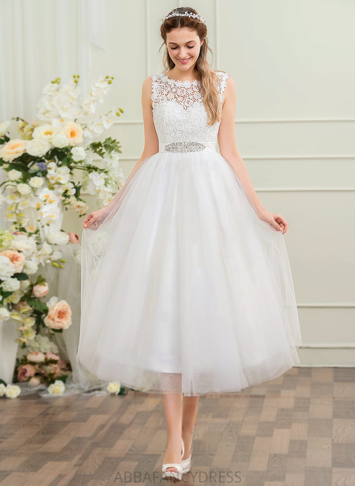 Dress Ball-Gown/Princess With Satin Sequins Wedding Wedding Dresses Tulle Lace Beading Tessa Tea-Length