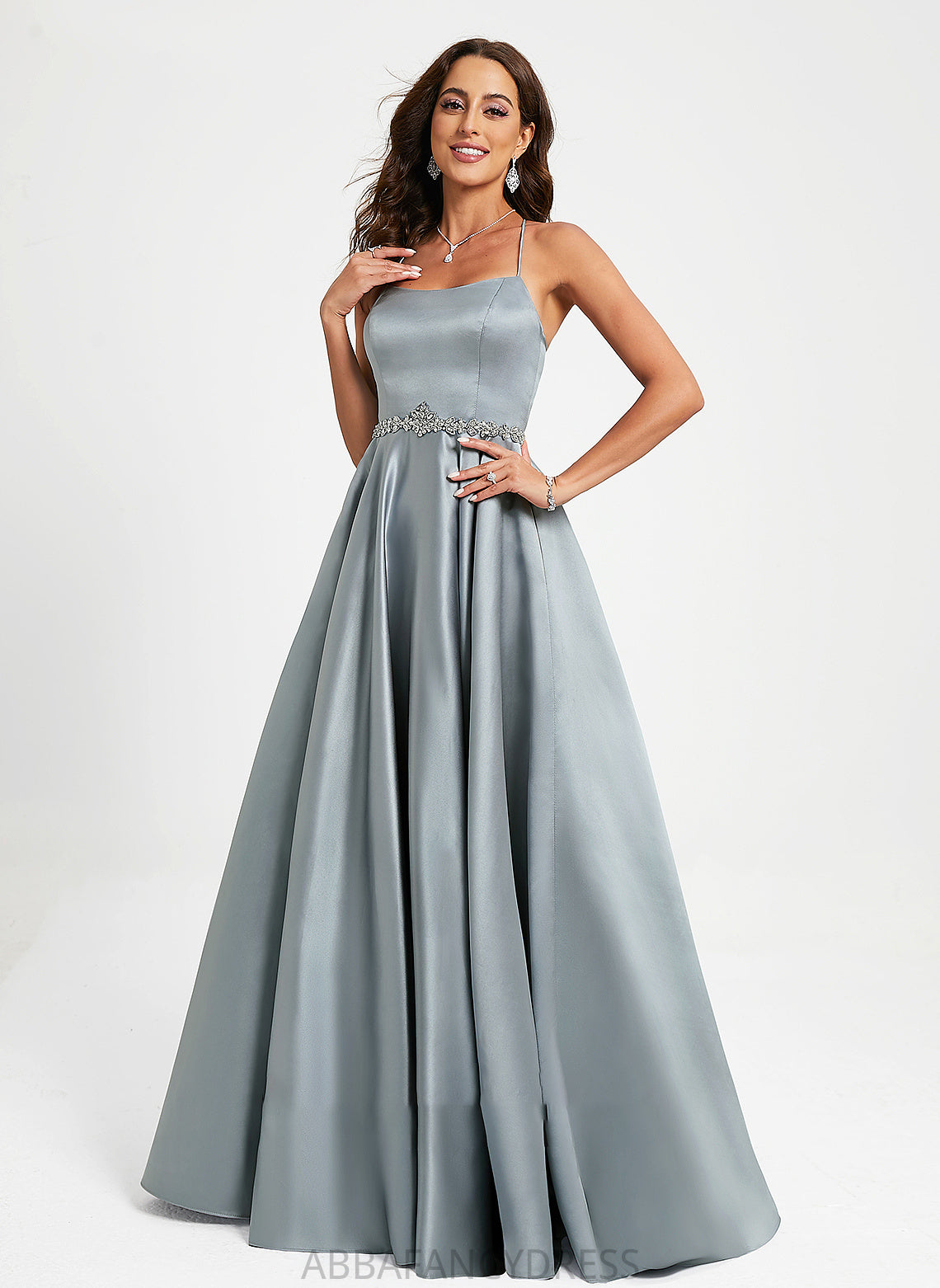 With A-Line Satin Scoop Beading Neck Floor-Length Prom Dresses Carlie