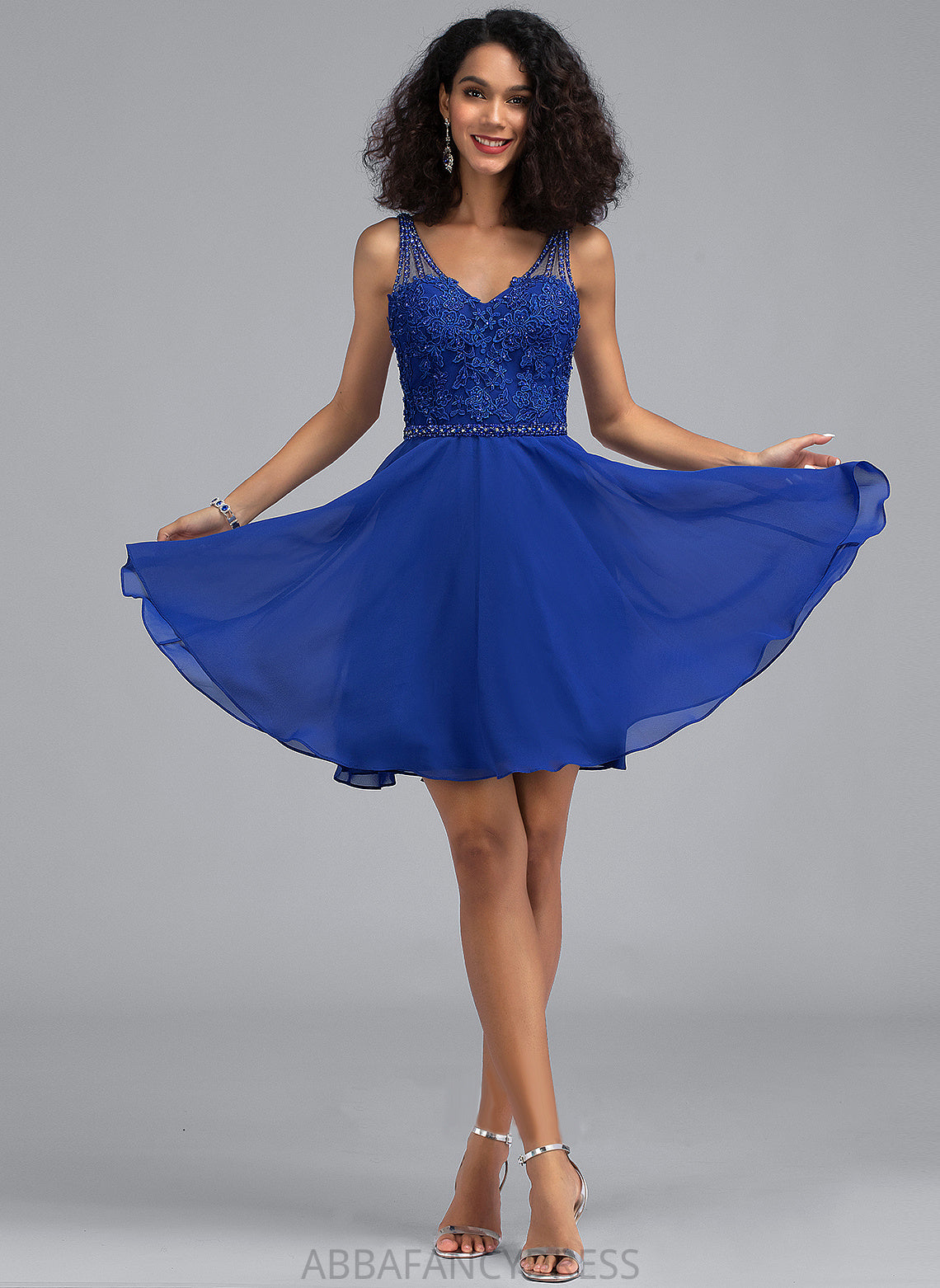 V-neck A-Line Dress Chiffon Short/Mini Tiara Lace Beading Homecoming With Homecoming Dresses