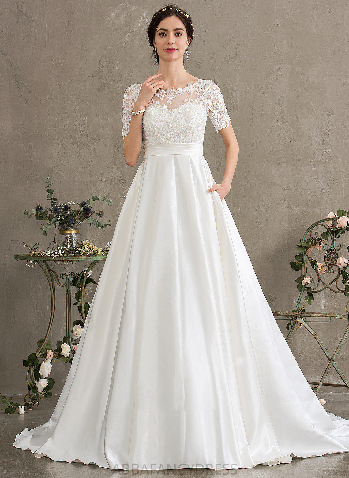 Ball-Gown/Princess With Scoop Miriam Train Wedding Dresses Neck Sequins Pockets Beading Wedding Satin Court Dress