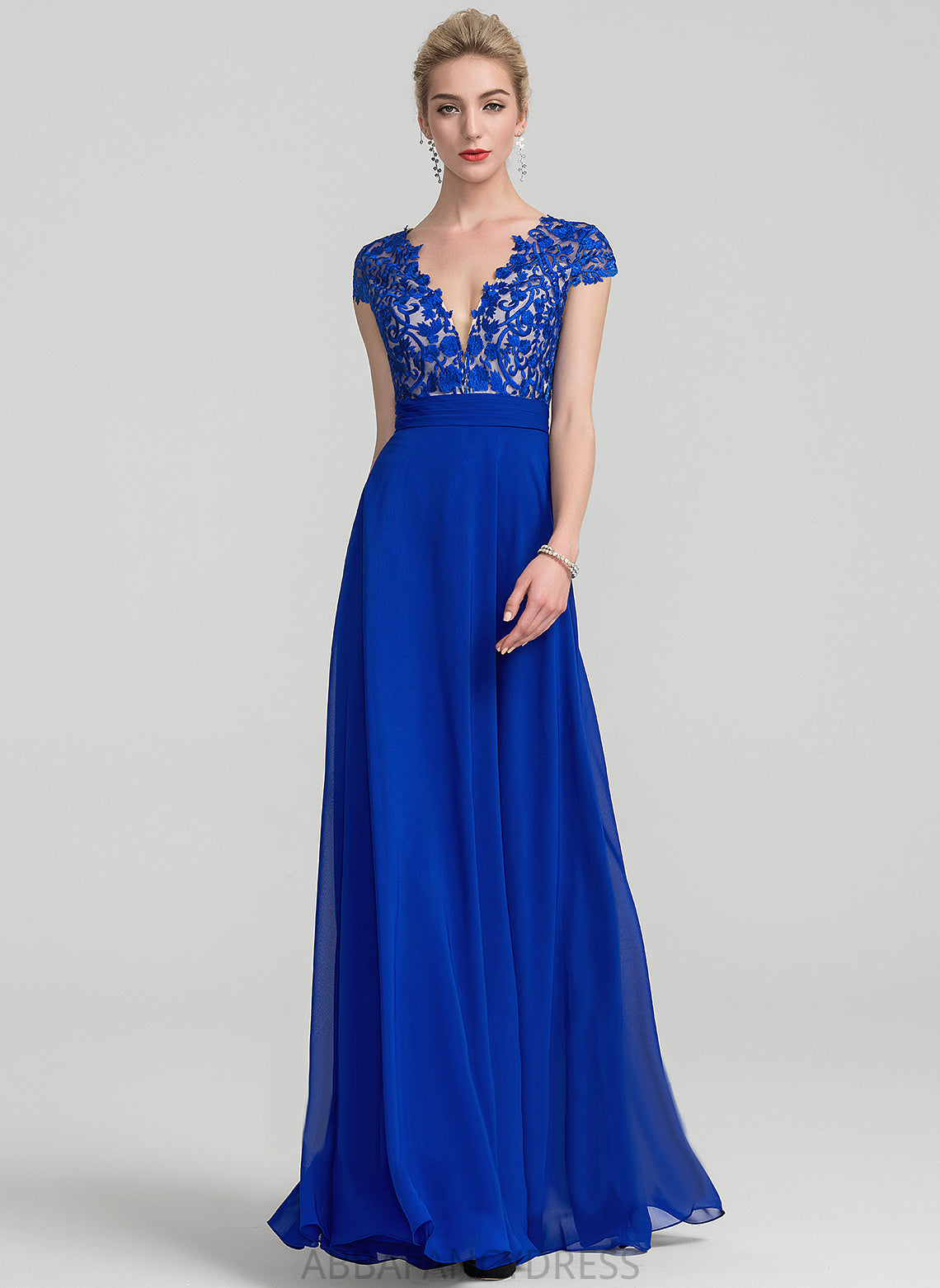 Chiffon Laci With Floor-Length V-neck Lace Prom Dresses A-Line Ruffle