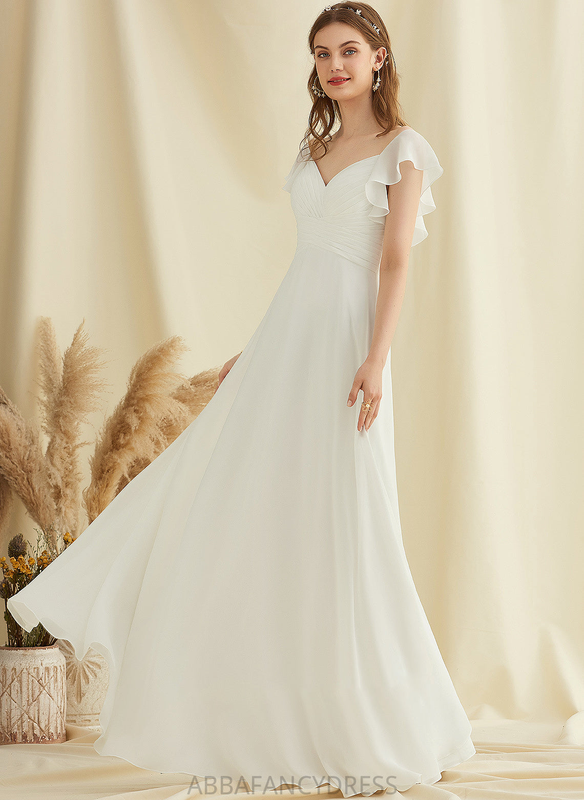 Floor-Length V-neck Wedding Dresses Ruffle Dress With Marlene Chiffon Wedding A-Line