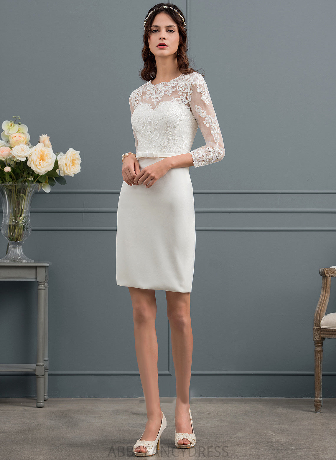 Sheath/Column Stretch Knee-Length Lace Crepe Bow(s) Dress Wedding Dresses Sequins Wedding With Illusion Winifred