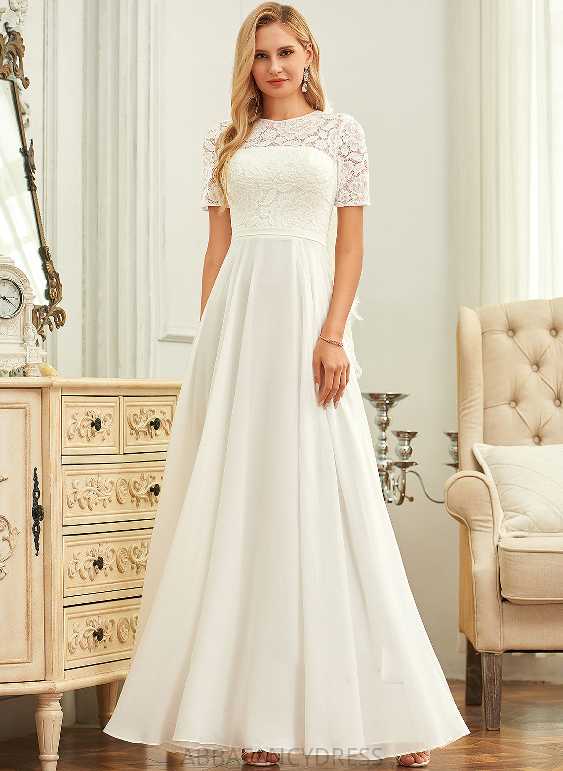 A-Line Neck Floor-Length Chiffon Lace Scoop Lynn Wedding Wedding Dresses Dress