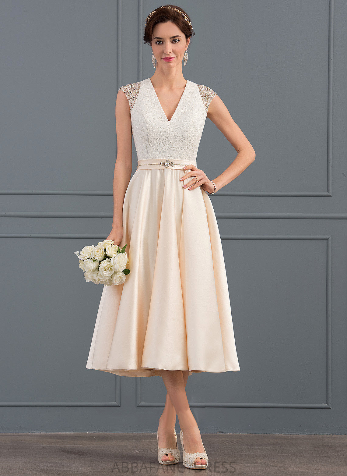 Satin Sequins With Tea-Length Maliyah Lace Wedding Beading Dress V-neck A-Line Wedding Dresses