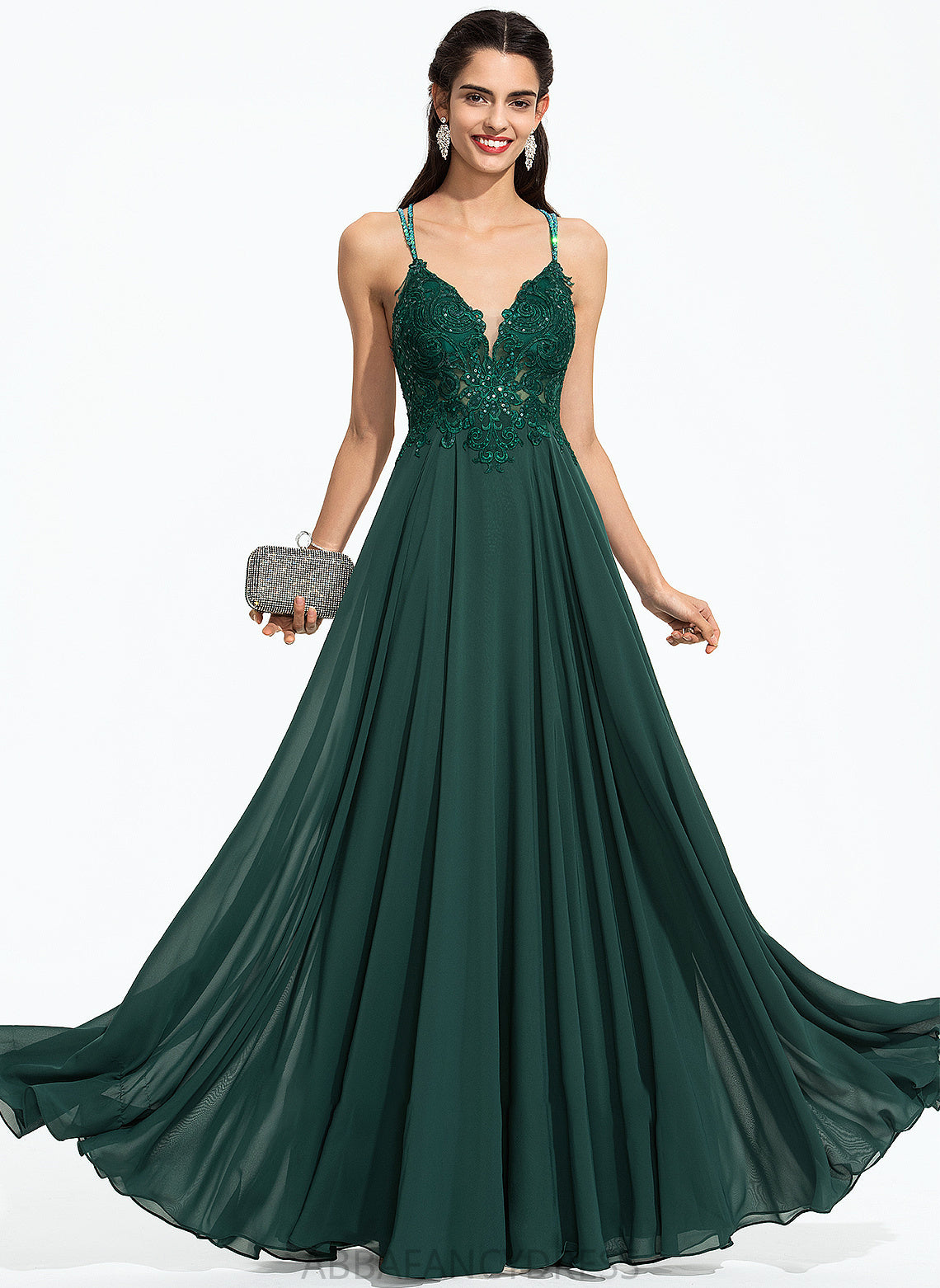 Beading A-Line Sequins Hope With Chiffon Floor-Length V-neck Prom Dresses