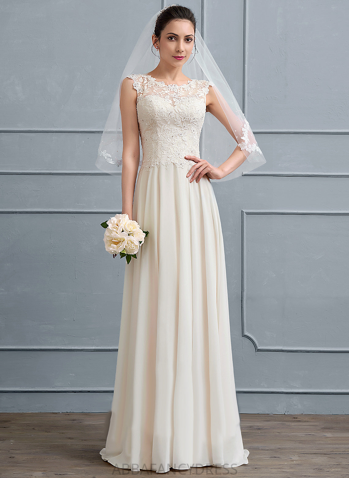 Floor-Length Scoop Dress Chiffon Neck Beading Wedding With Lace Sequins A-Line Jazlynn Wedding Dresses