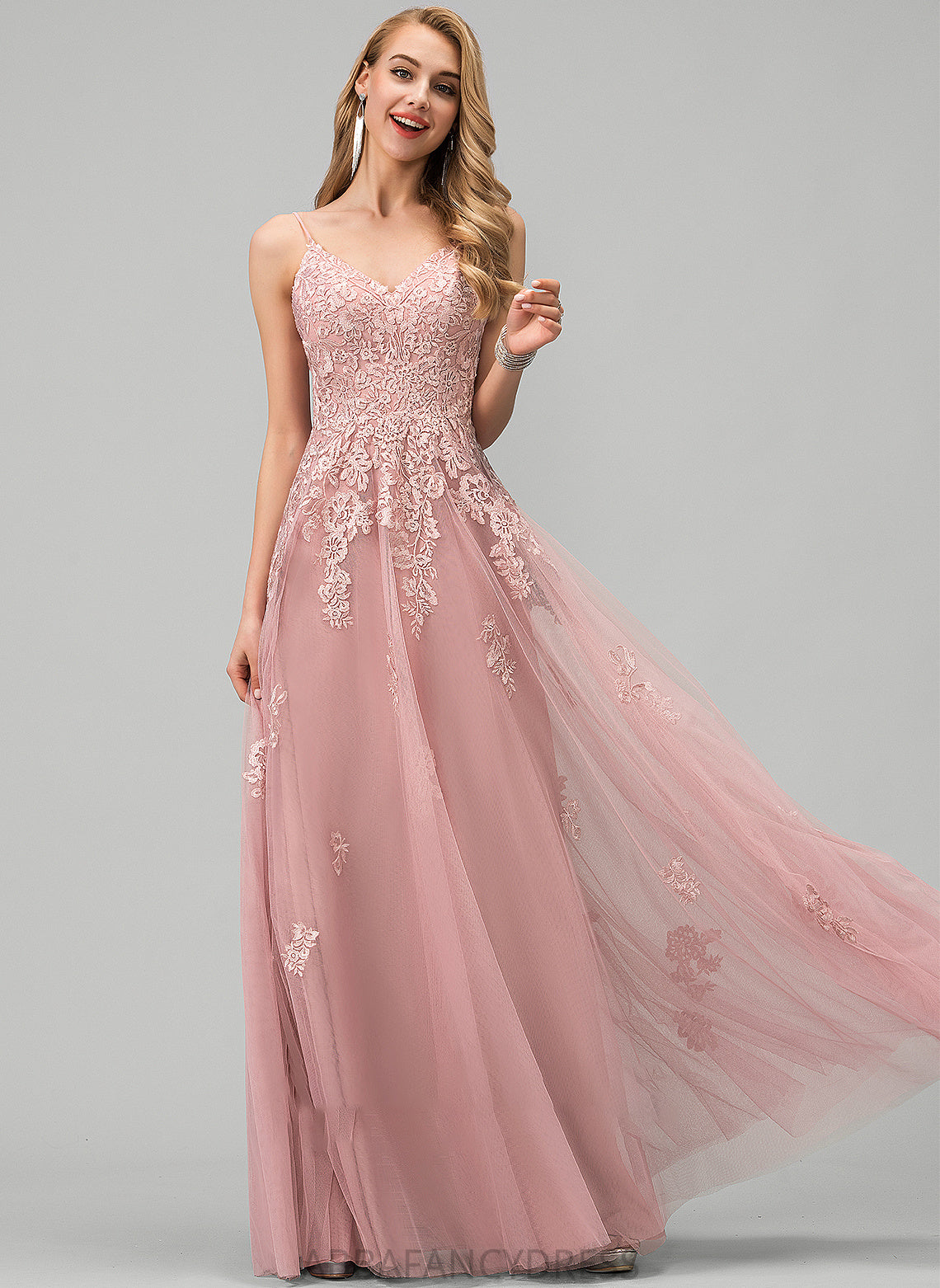 V-neck With Destinee Tulle Floor-Length Lace Prom Dresses Ball-Gown/Princess