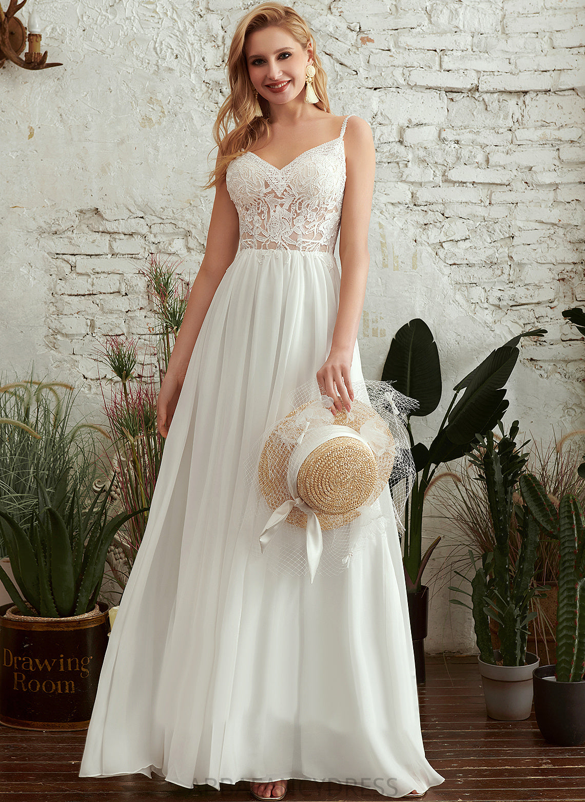 A-Line Lace Split Charlize Wedding With Floor-Length Dress Chiffon Front V-neck Beading Wedding Dresses