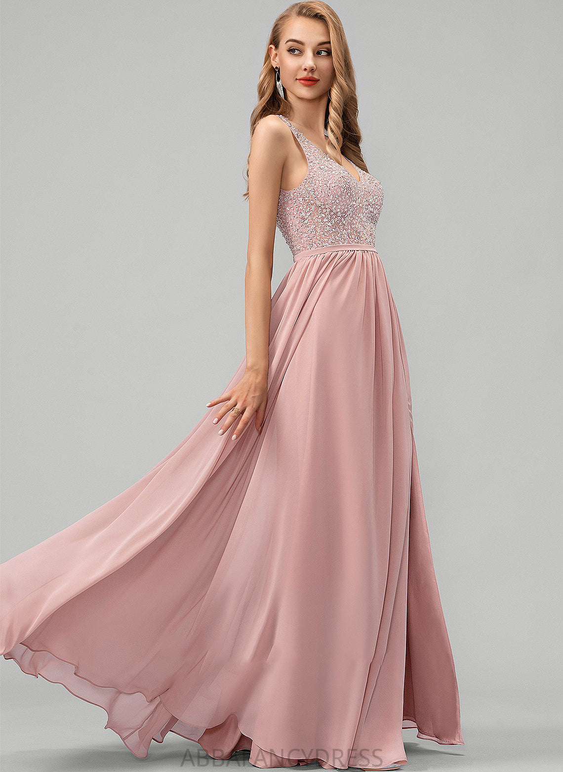 Front A-Line Beading With Floor-Length Prom Dresses Chiffon Split V-neck Jaylene Sequins