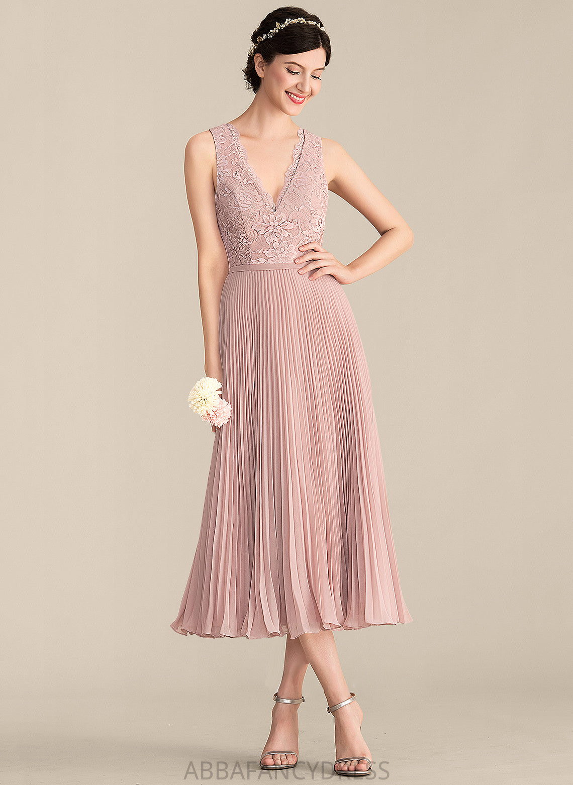 A-Line Tea-Length Silhouette Length Neckline Fabric Pleated Embellishment V-neck Kristina Sleeveless Scoop