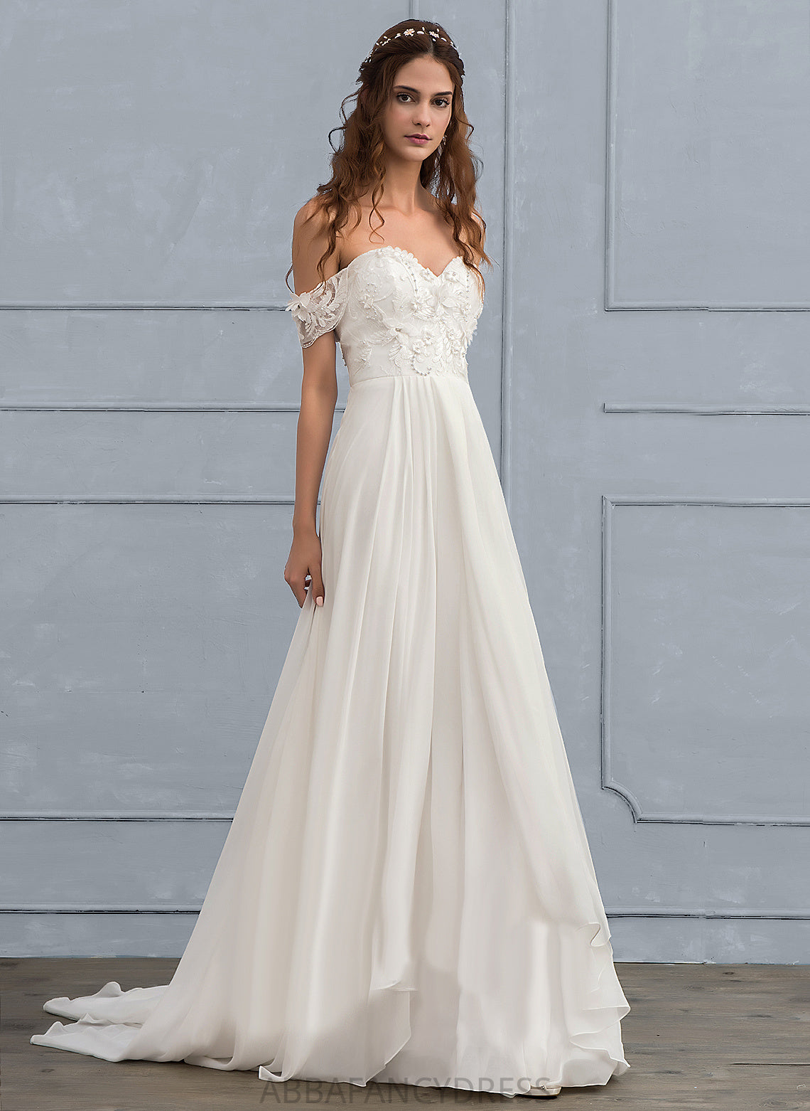 Lace Train Flower(s) With Wedding Wedding Dresses Chiffon Dress Annabel Off-the-Shoulder A-Line Beading Sweep