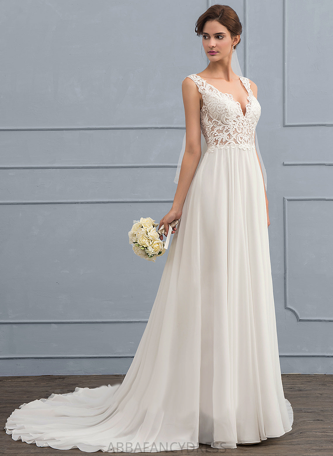 Wedding Dresses A-Line V-neck Lace Aylin Train Chiffon Wedding Dress Court