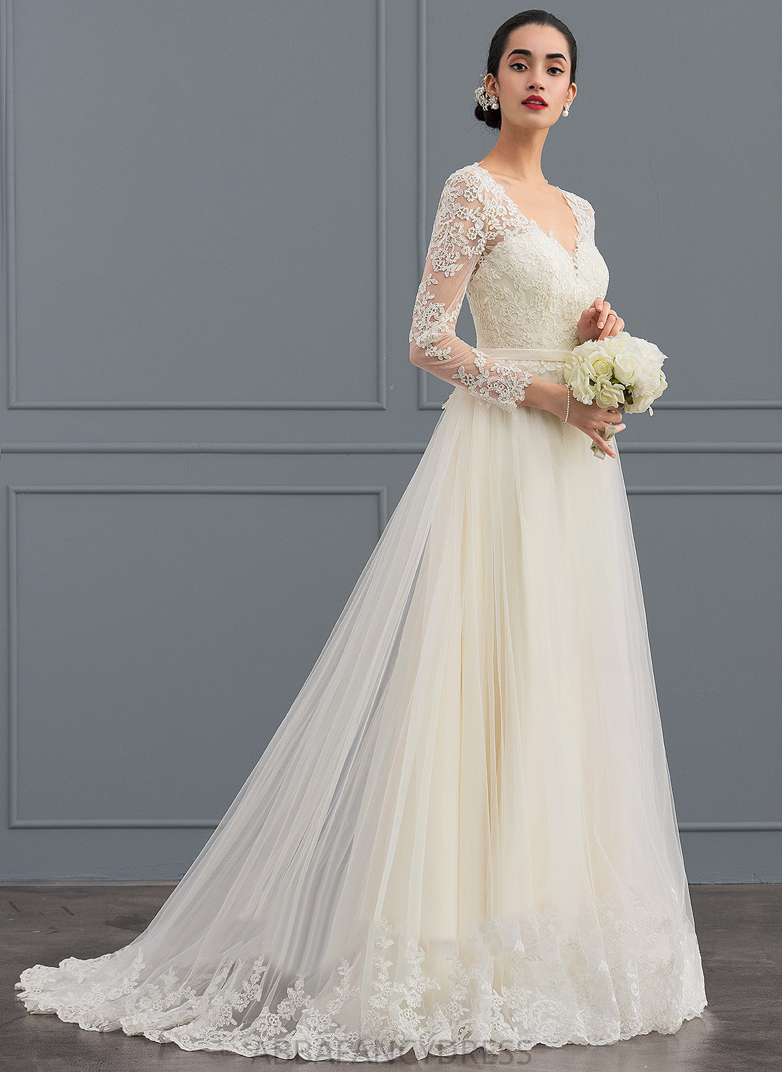 Sweep Tulle V-neck Dress Wedding Dresses Train Wedding Lace Ball-Gown/Princess Hayley