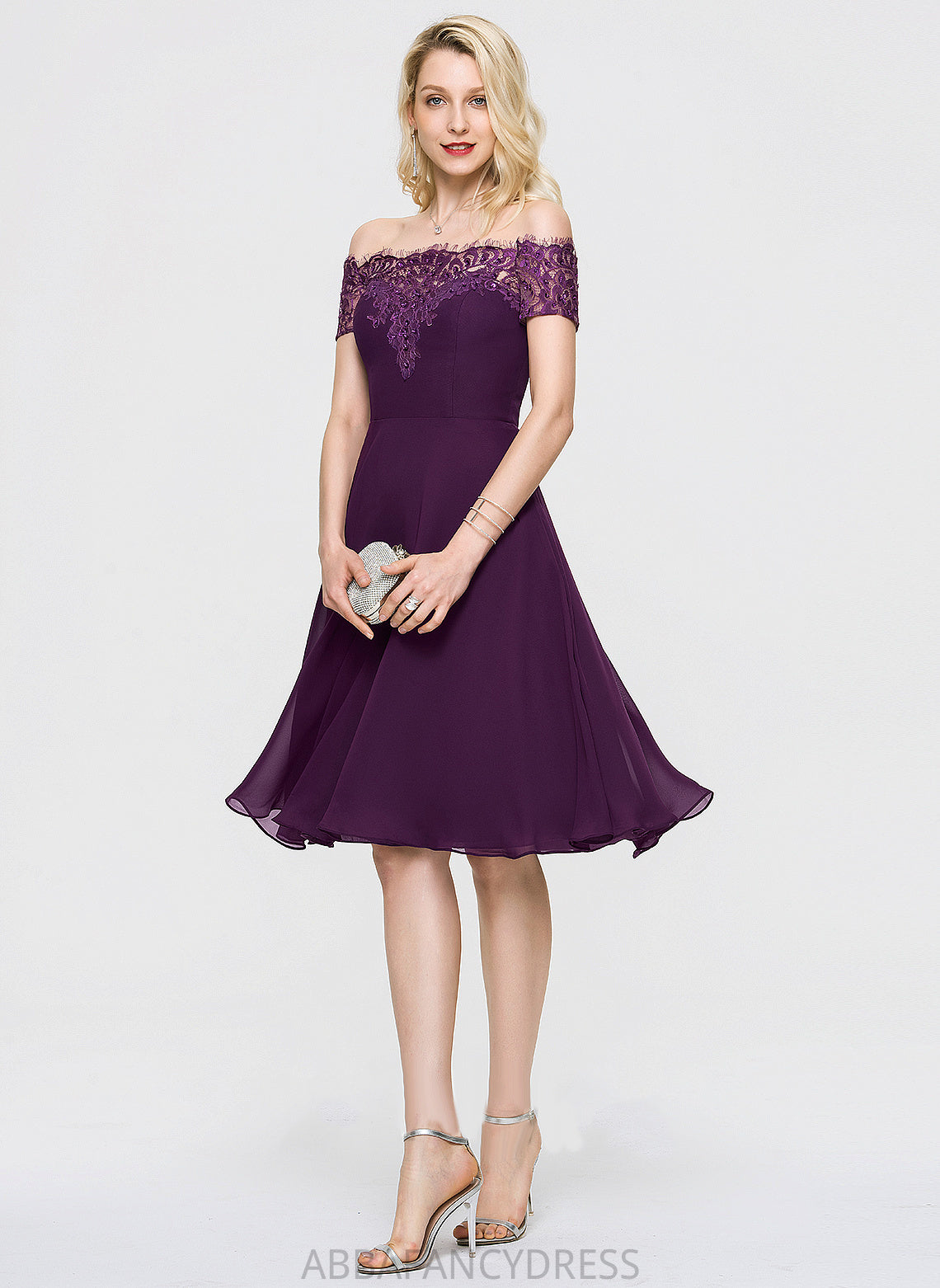 Clara Chiffon Homecoming Beading With A-Line Dress Knee-Length Lace Off-the-Shoulder Homecoming Dresses