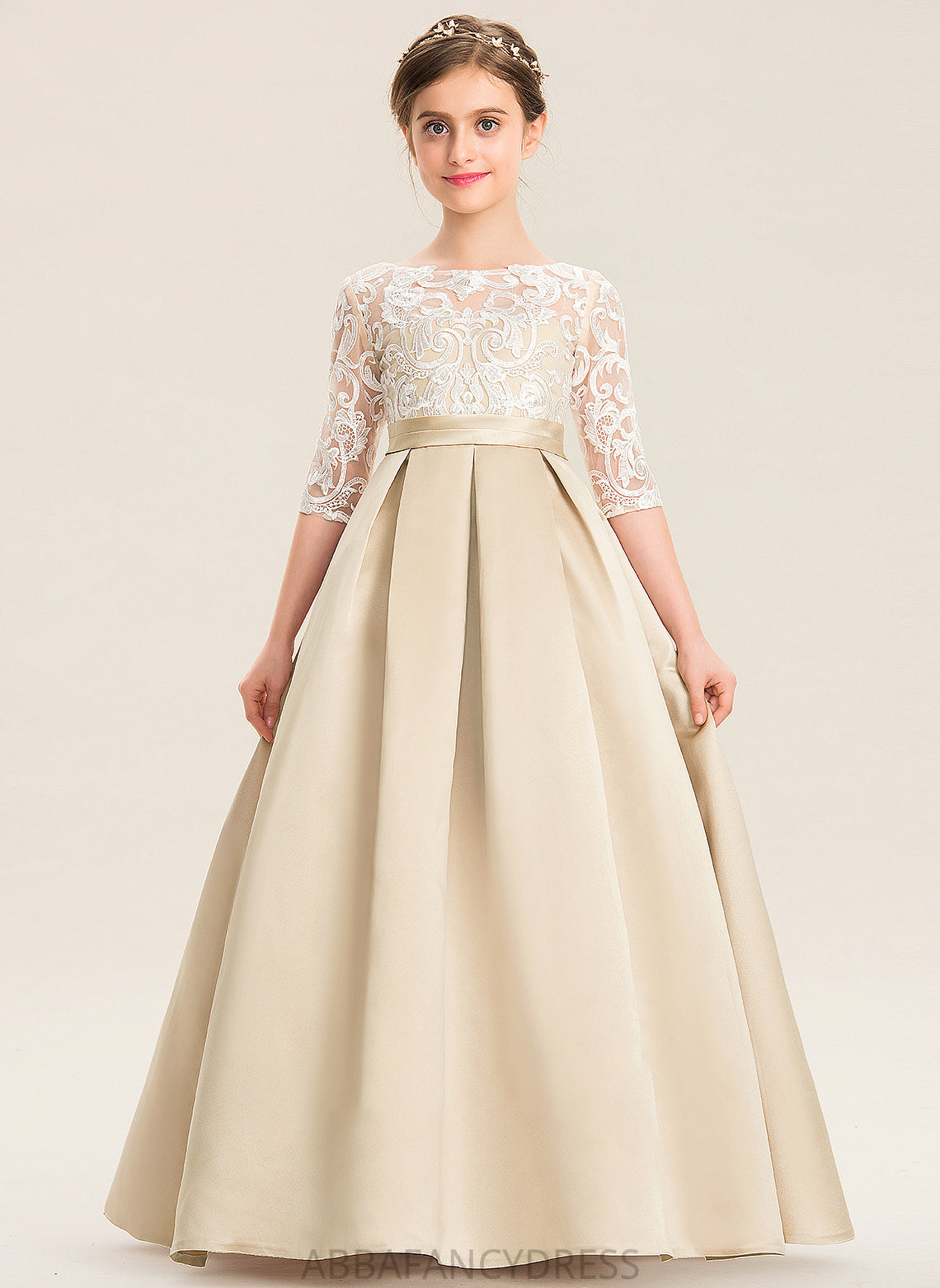 Ball-Gown/Princess Neck Satin Lace Junior Bridesmaid Dresses Scoop Angeline Floor-Length